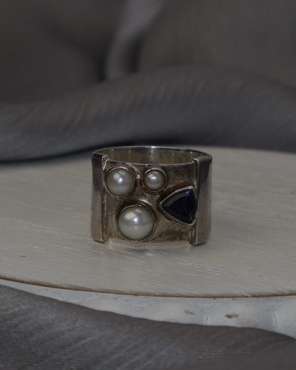 Vintage Modernist Sterling Silver Pearl & Amethyst Wide Band Ring 6.3G / Sz 6
